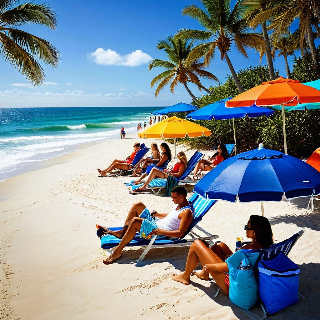 A vibrant beach scene filled with people wearing Florida Gator gear, including jerseys, hats, and beach towels, as they enjoy the sun and surf. In the background, add a large beach umbrella in the team colors with a cooler full of drinks. Include palm trees swaying in the wind and the ocean sparkling under a clear blue sky. The atmosphere should be lively and energetic, capturing the essence of team spirit at the beach. bright colors. super-realistic.